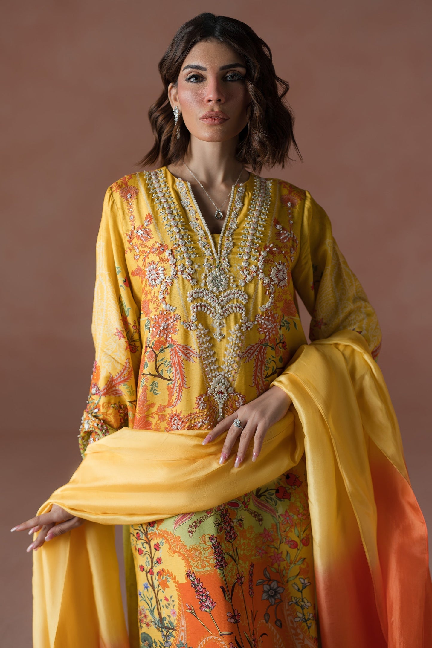 Ammara Khan | Flo 25 |Mango Slush Long Shirt Set (D-04) S Yellow Raw Silk