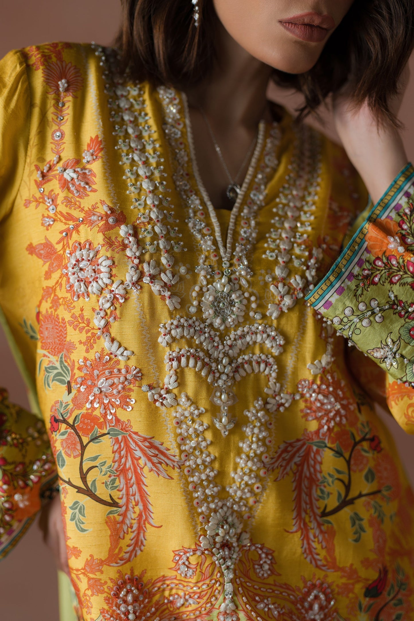 Ammara Khan | Flo 25 |Mango Slush Long Shirt Set (D-04) L Yellow Raw Silk