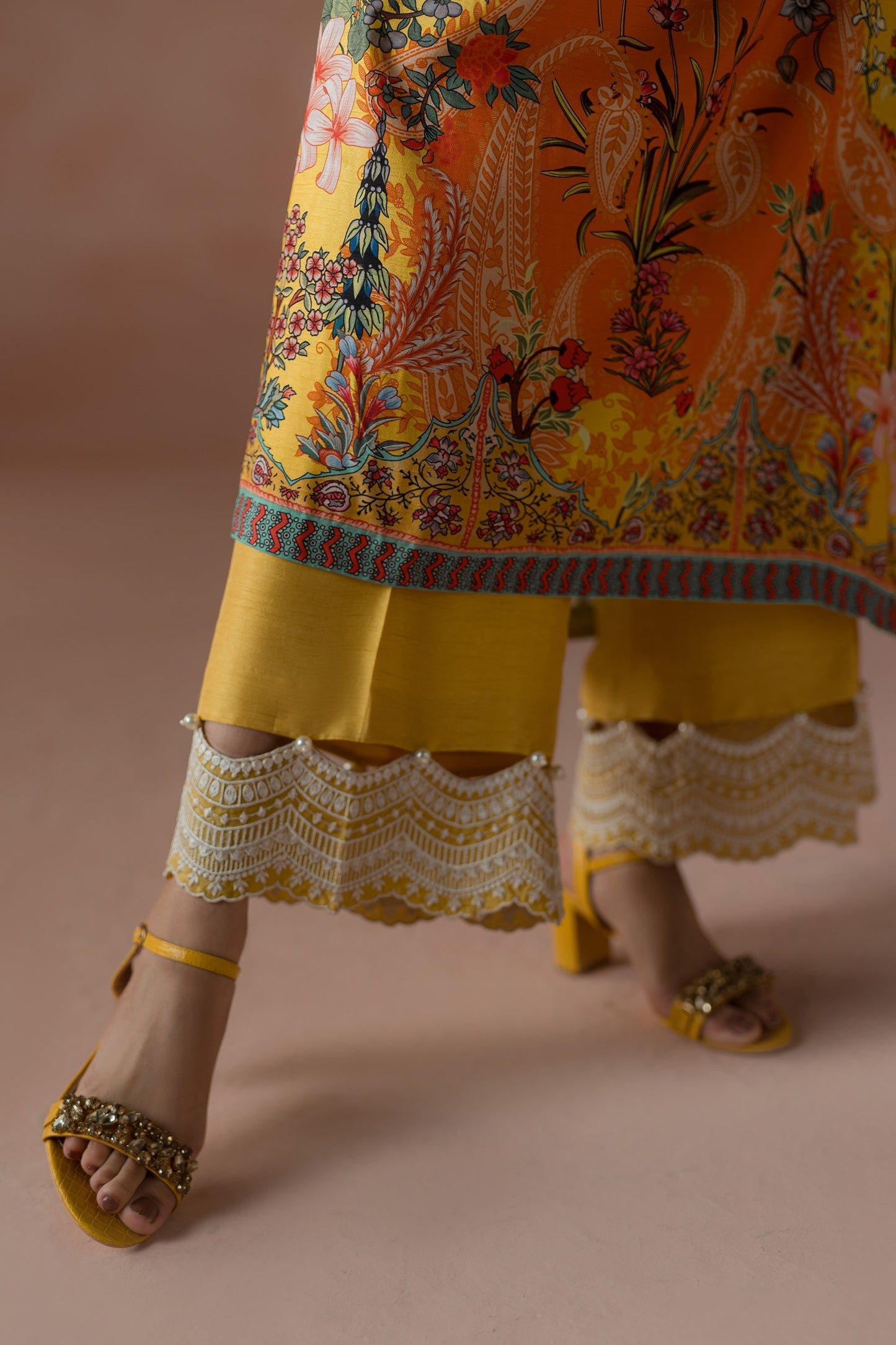 Ammara Khan | Flo 25 |Mango Slush Long Shirt Set (D-04) M Yellow Raw Silk