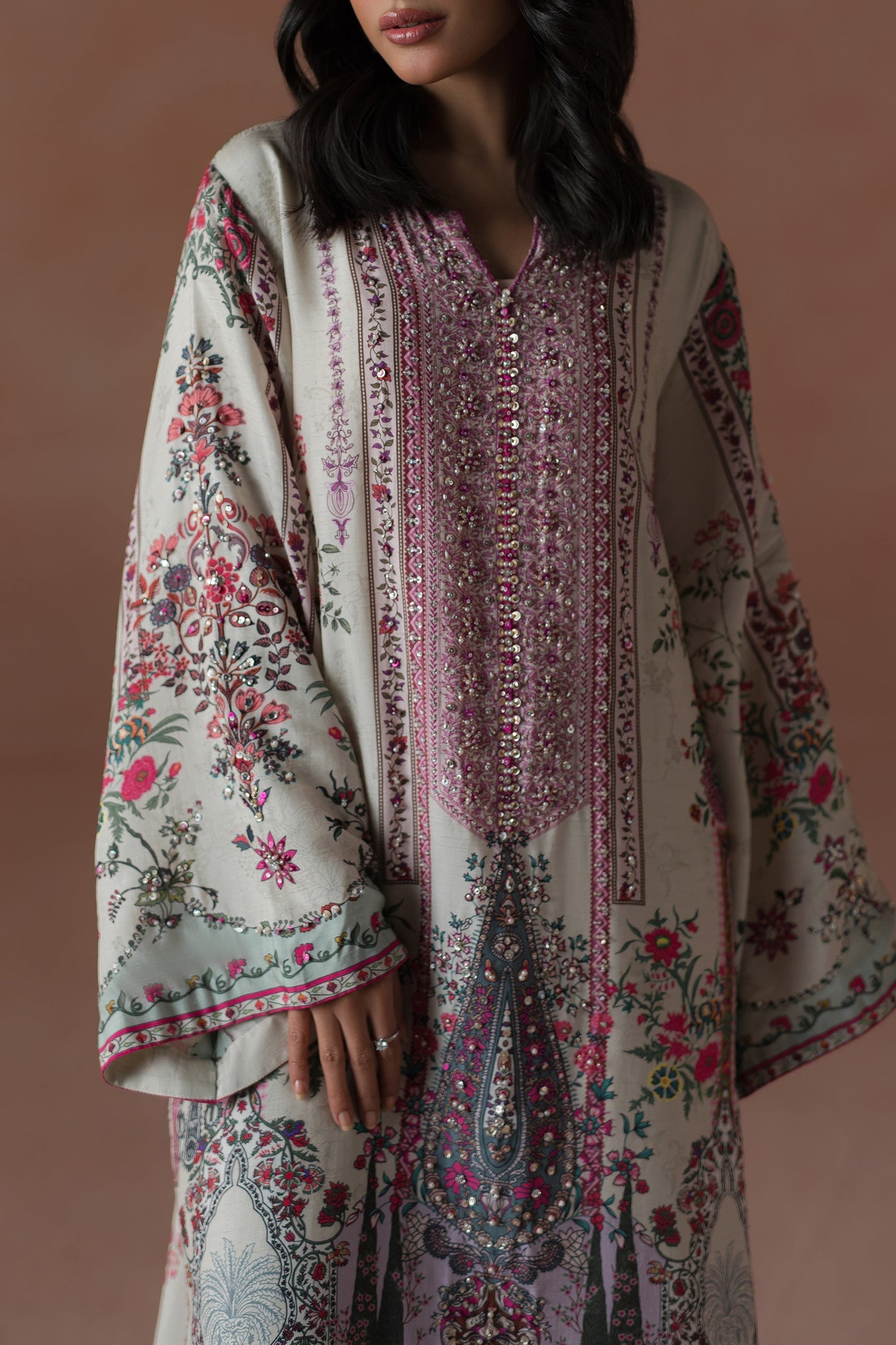 Ammara Khan | Flo 25 | Raspberry Cooler Long shirt Set (D-05) M Cloud Gray Raw Silk