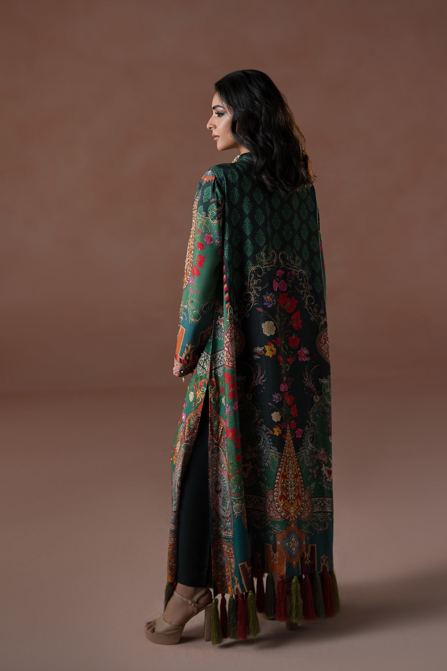 Ammara Khan | Flo 25 | Forest Floral Tassel Kaftan Set (D-06) S Teal Green Raw Silk