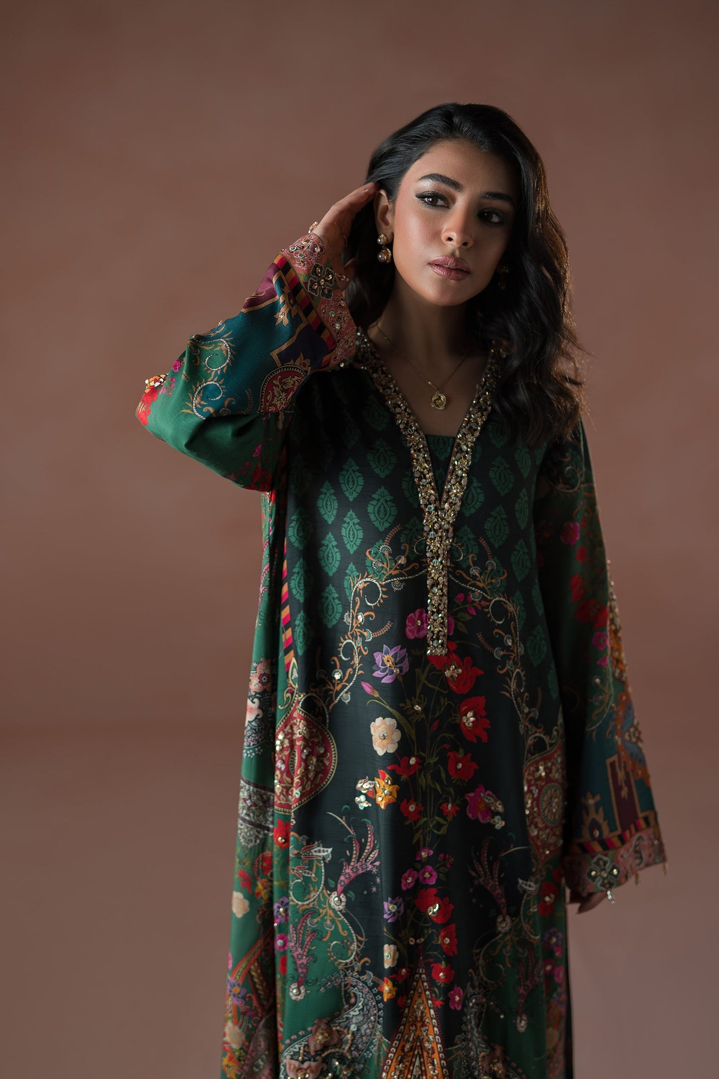 Ammara Khan | Flo 25 | Forest Floral Tassel Kaftan Set (D-06) M Teal Green Raw Silk