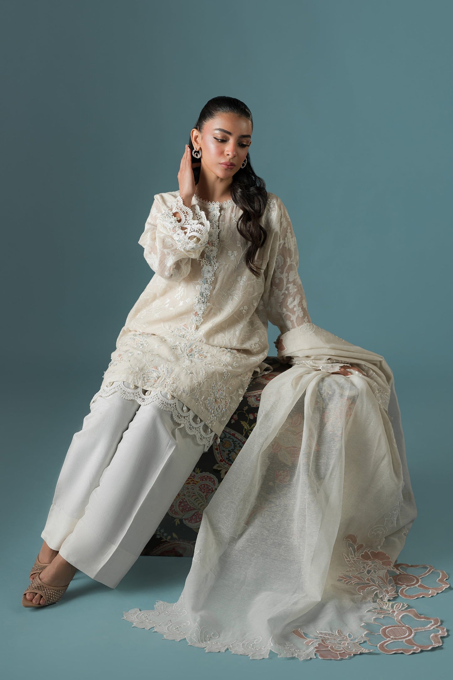 Ammara Khan | Flo 25 | Pearl Spring Lily Shalwar Set (D-10) L Ivory Karandi Organza