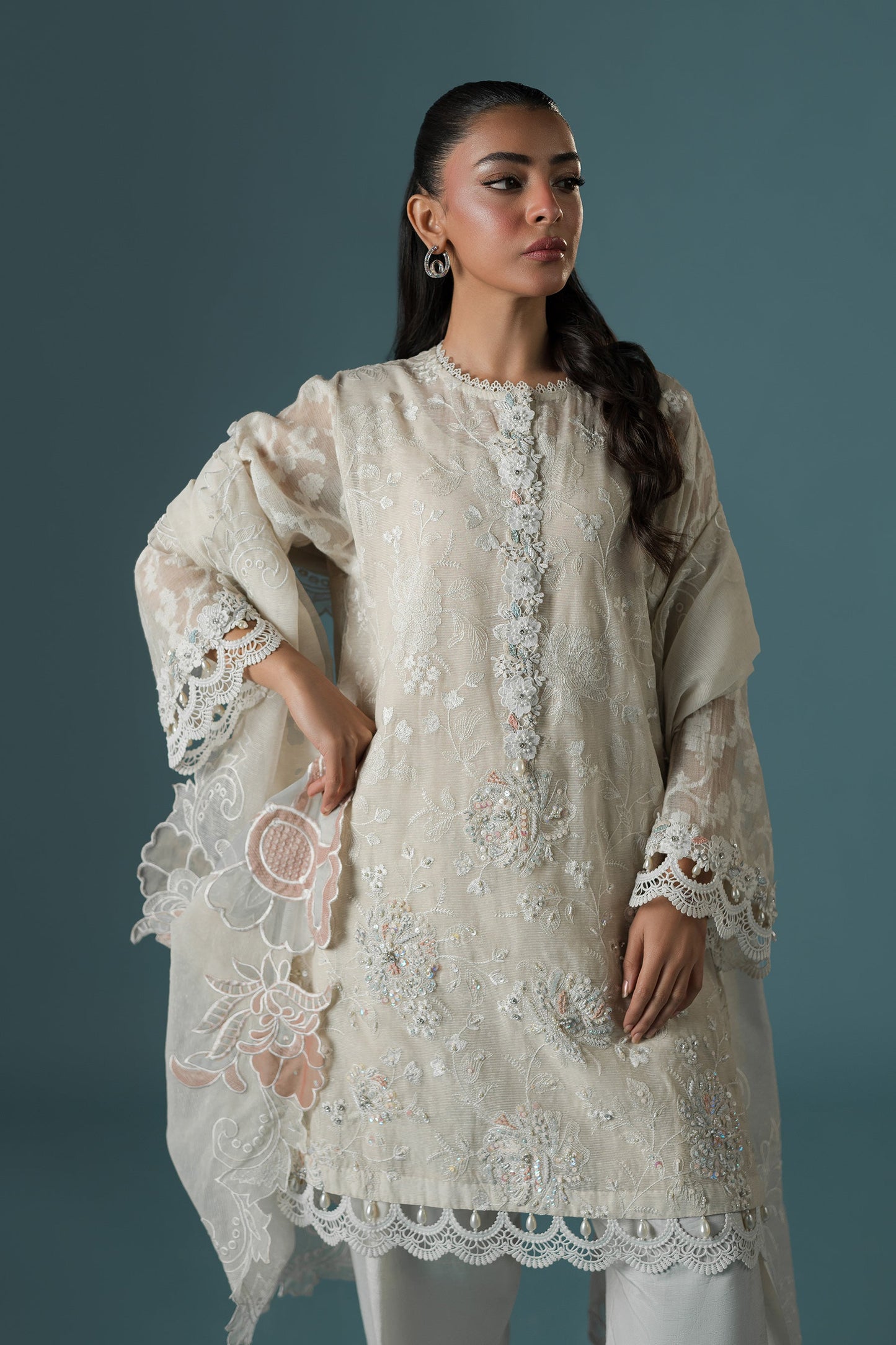 Ammara Khan | Flo 25 | Pearl Spring Lily Shalwar Set (D-10) M Ivory Karandi Organza