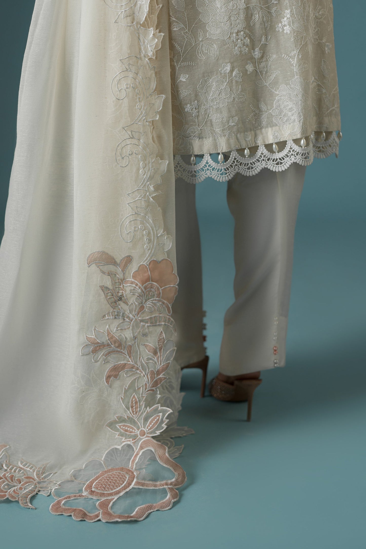 Ammara Khan | Flo 25 | Pearl Spring Lily Shalwar Set (D-10) XL Ivory Karandi Organza