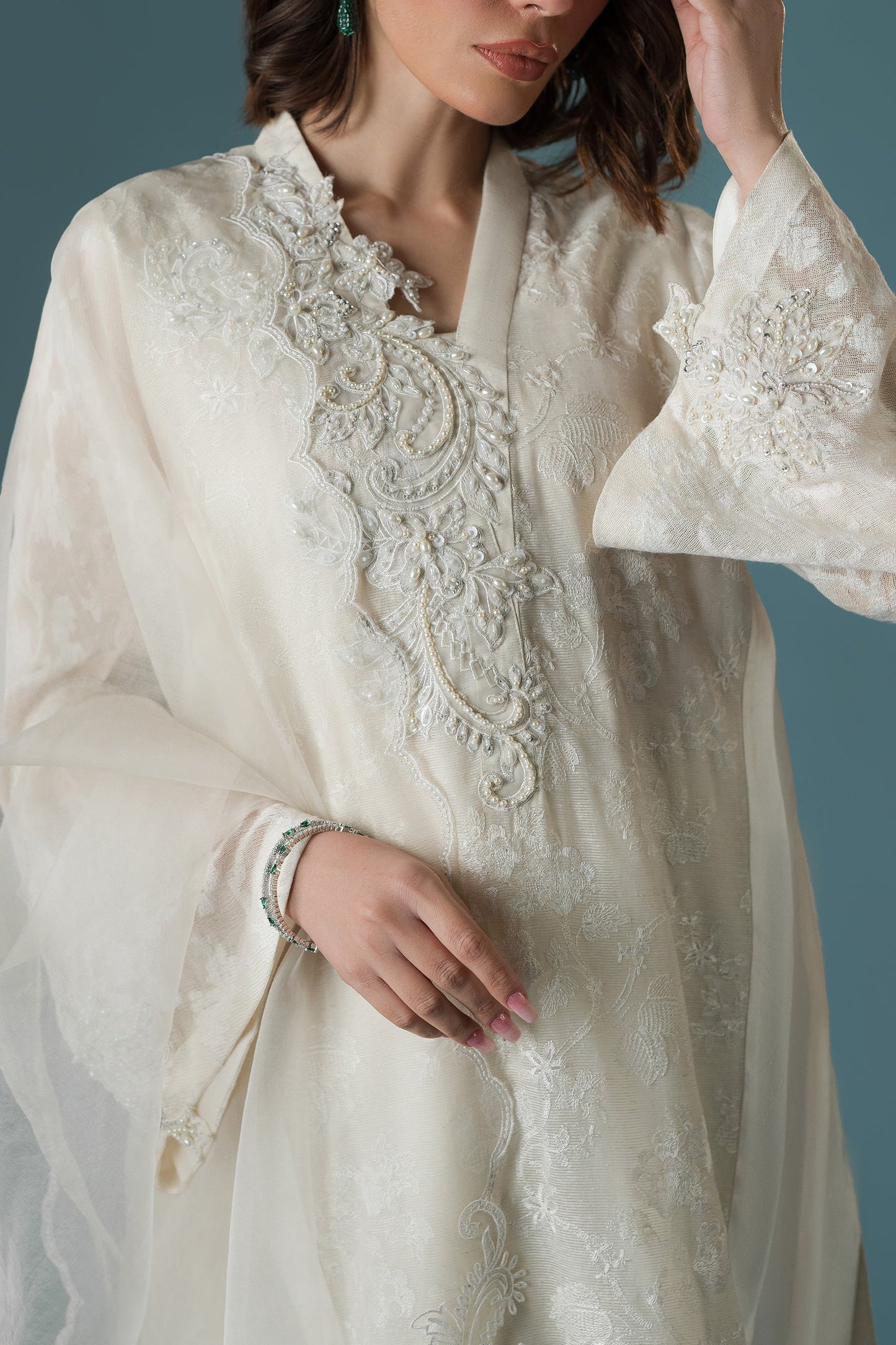 Ammara Khan | Flo 25 | Chandni Rani Long Kurta Set (D-11) M Cream Karandi Organza