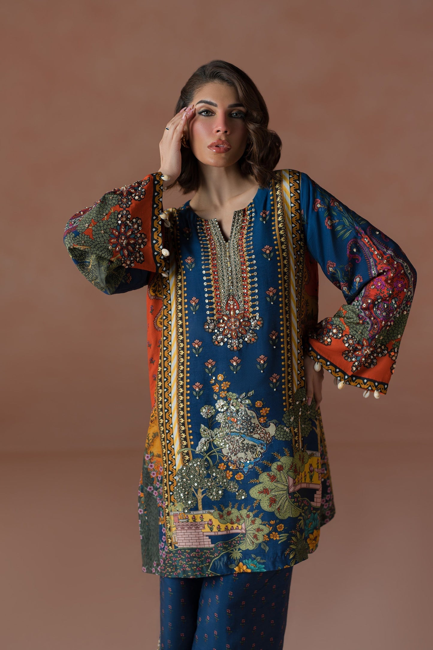 Ammara Khan | Flo 25 | Modern Mughal Multi Co-ord Set (D-01) S Navy Raw Silk
