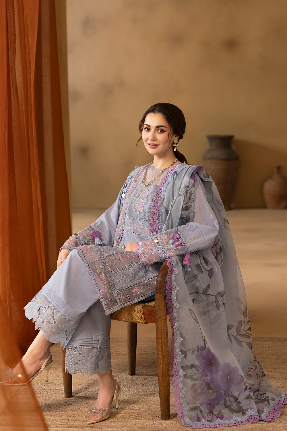 Saira Rizwan | Luxury Lawn 25 |EDRINA-SRL25-03 L Light Blue Gray Lawn