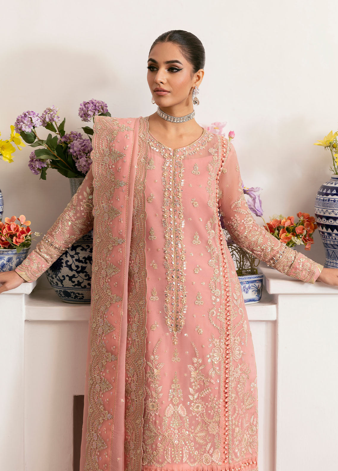 Gulaal | Reverie Embroidered Chiffon | CORALYN L Salmon Pink Chiffon