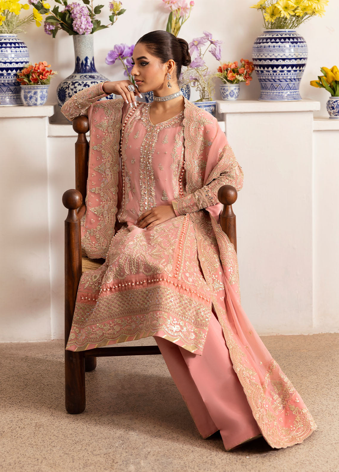 Gulaal | Reverie Embroidered Chiffon | CORALYN Custom Size Salmon Pink Chiffon