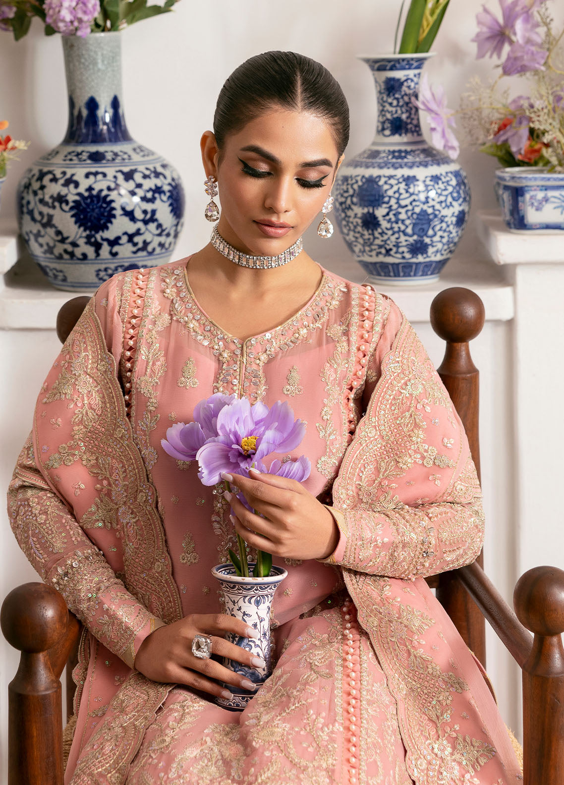 Gulaal | Reverie Embroidered Chiffon | CORALYN M Salmon Pink Chiffon