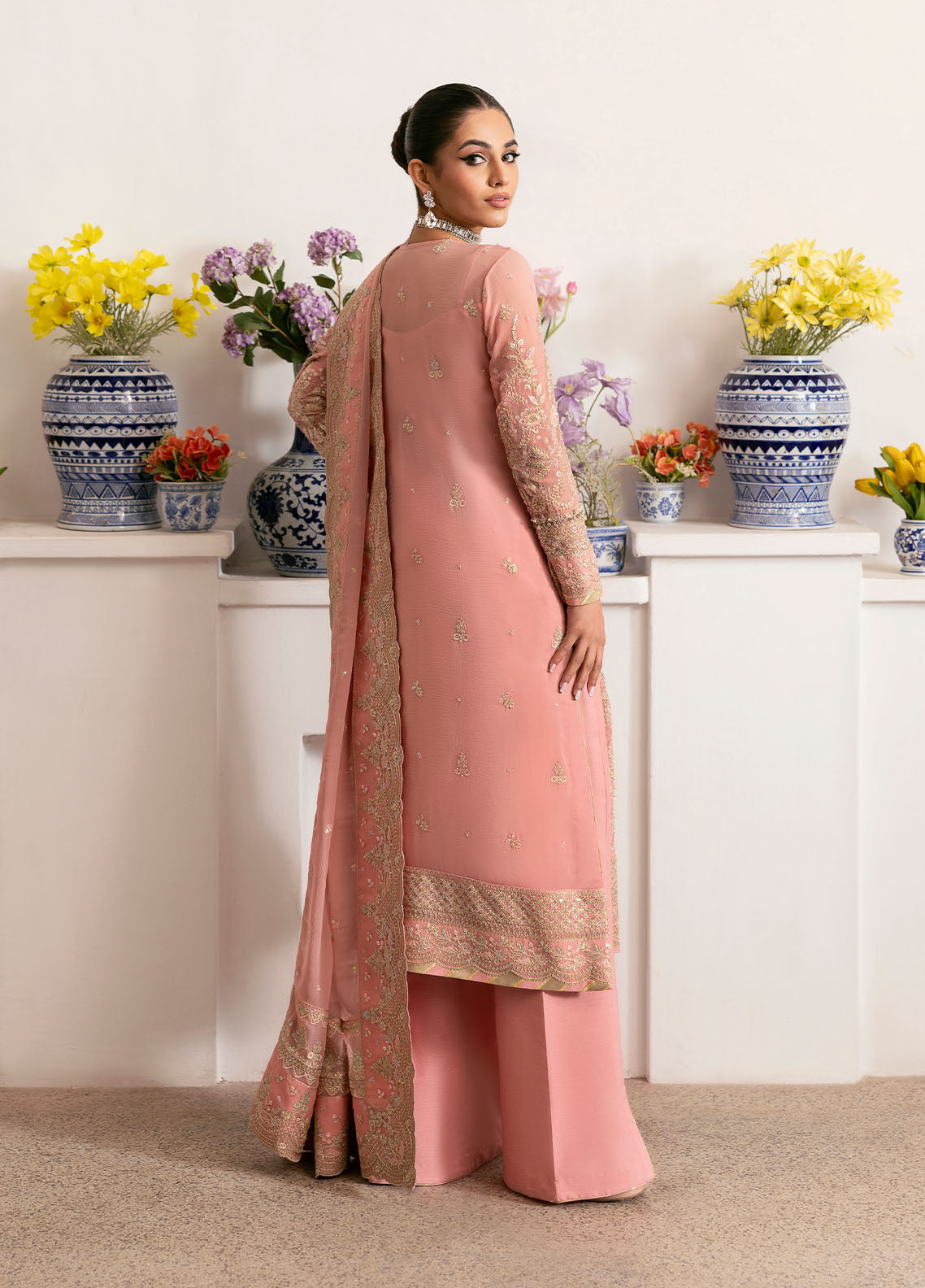 Gulaal | Reverie Embroidered Chiffon | CORALYN S Salmon Pink Chiffon
