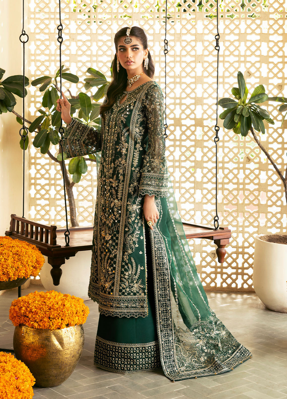Gulaal | Chaandni Wedding Formals | Zayra XL Bottle Green Organza