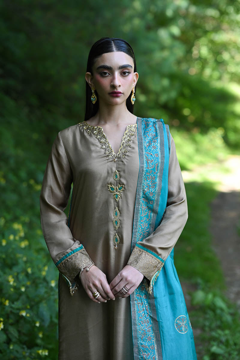 Hue Pret | Farasha Luxury Pret | Azeena XL Dusty Beige Pure Silk
