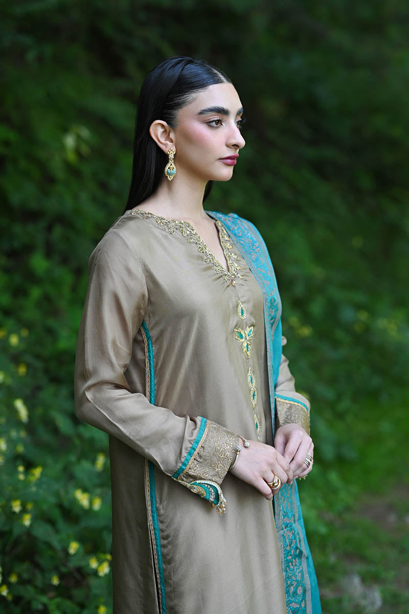 Hue Pret | Farasha Luxury Pret | Azeena M Dusty Beige Pure Silk