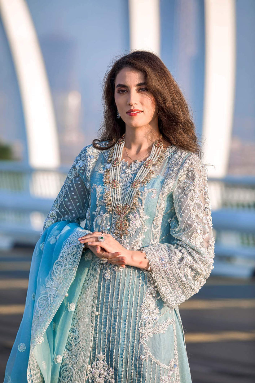 Kara | Kamdani Festive Collection | Icy Cascade Custom Size Light Blue Cotton Net