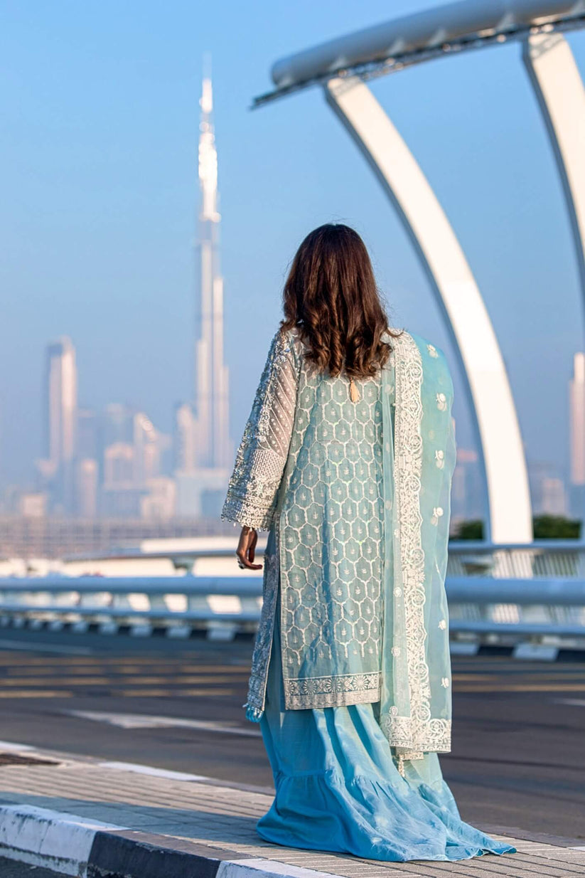 Kara | Kamdani Festive Collection | Icy Cascade S Light Blue Cotton Net