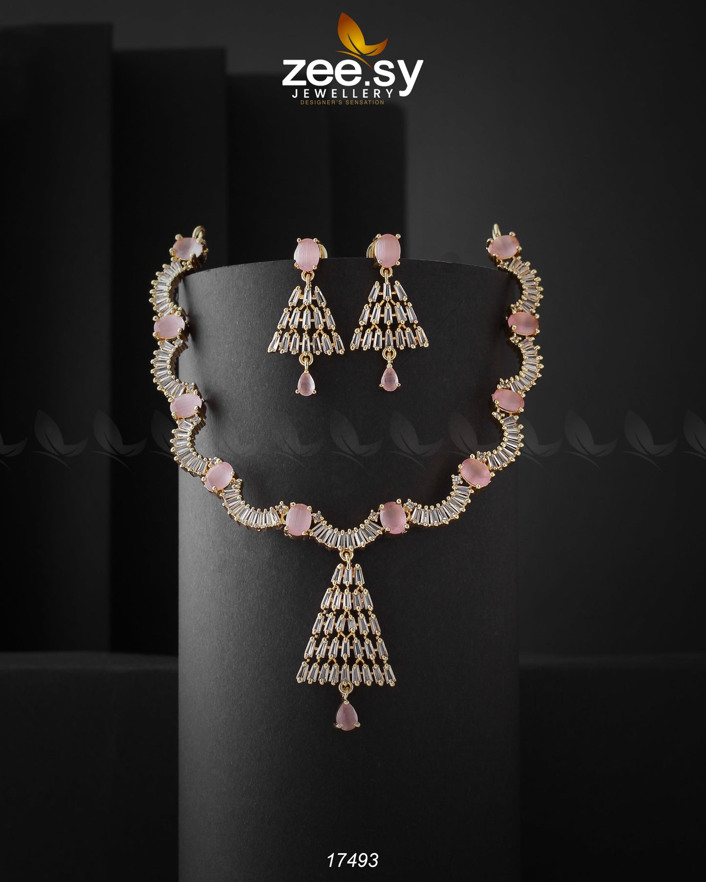 Italian Zircon Necklace Golden Mint Pink