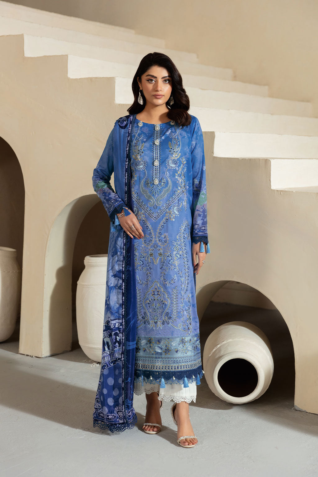 Ramsha | Mashaal Luxury Lawn | L-1302 XS Persion Blue Lawn