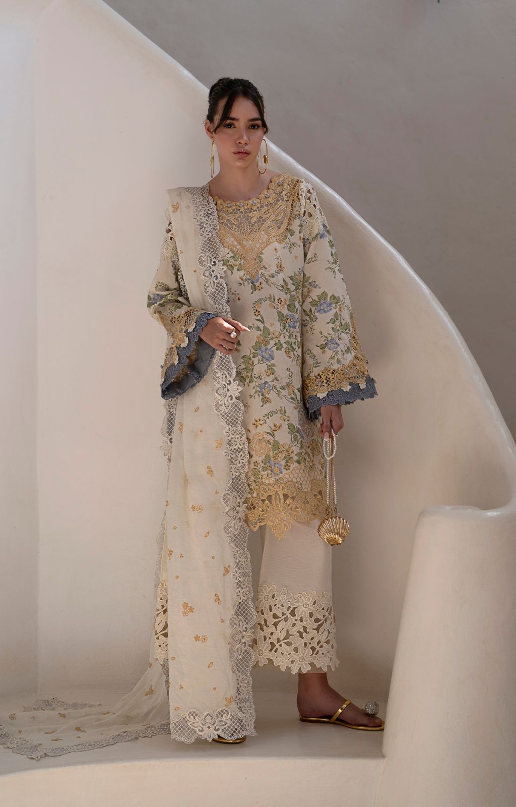 AJR Couture | Printakari Lawn 25 | Maze XS Off White Lawn