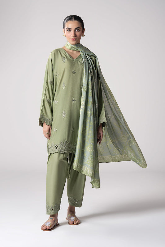 Maria B | Basics RTW | 3 Pc Embroidered Lurex Stripe Suit | MB-CS25-143 XS Pistachio Green Lurex