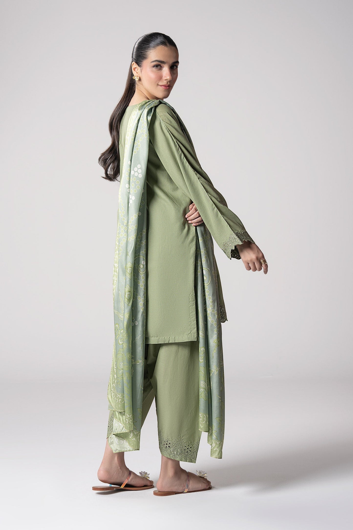 Maria B | Basics RTW | 3 Pc Embroidered Lurex Stripe Suit | MB-CS25-143 S Pistachio Green Lurex
