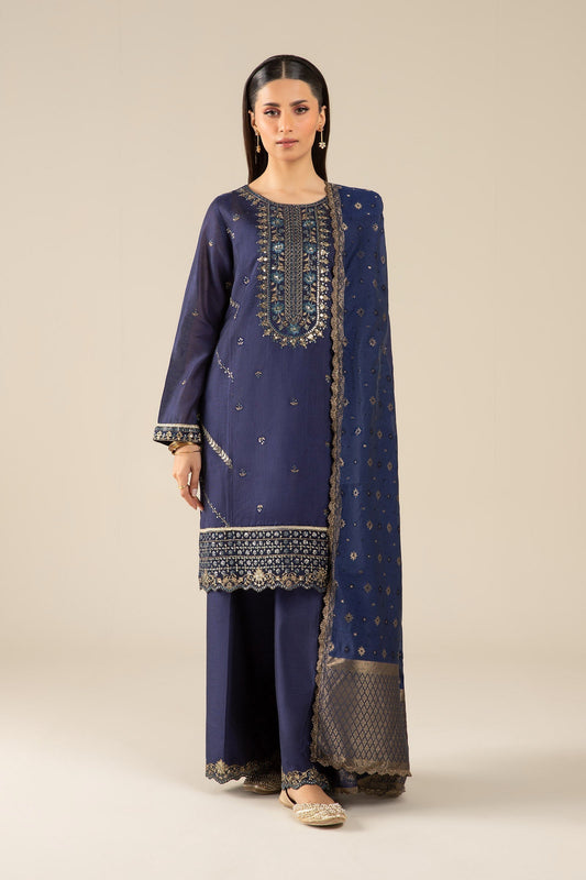 Maria B | Basics RTW | 3 Pc Embroidered Two Tone Silk Suit | MB-FS25-30 XS Blue Silk
