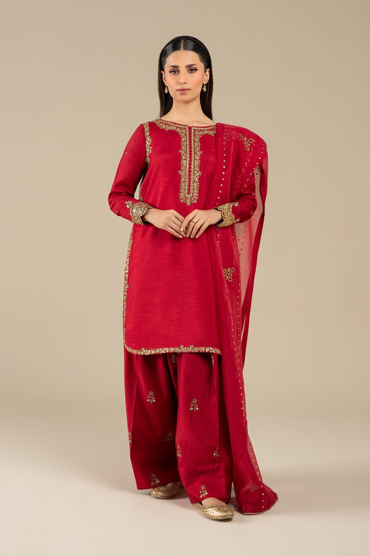Maria B | Basics RTW | 3 Pc Embroidered Raw Silk Suit | MB-FS25-32 XS Red Raw Silk