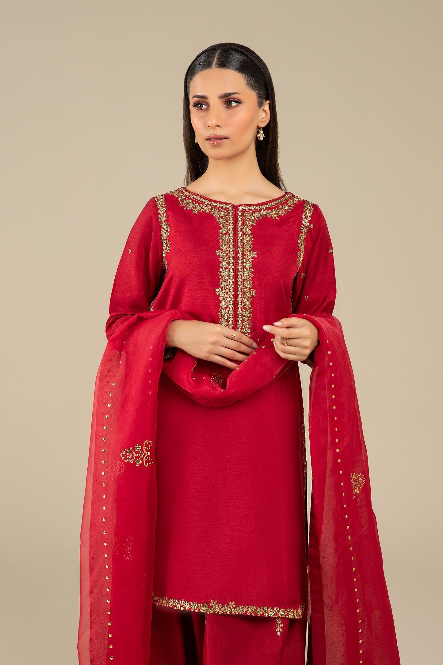 Maria B | Basics RTW | 3 Pc Embroidered Raw Silk Suit | MB-FS25-32 M Red Raw Silk