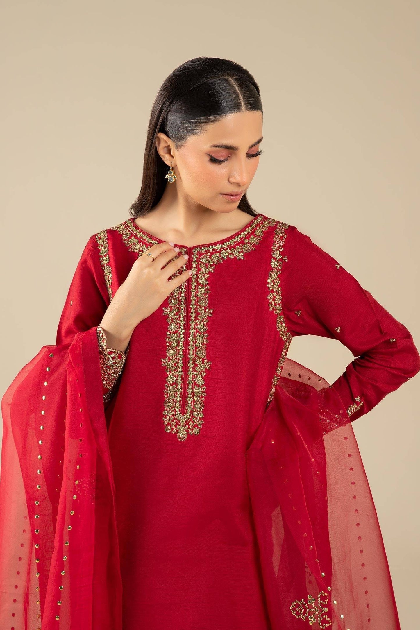 Maria B | Basics RTW | 3 Pc Embroidered Raw Silk Suit | MB-FS25-32 - Pakistani Designer Dress - by Maria B | Type: Ladies Clothes - 100% Original at Saira Sultan