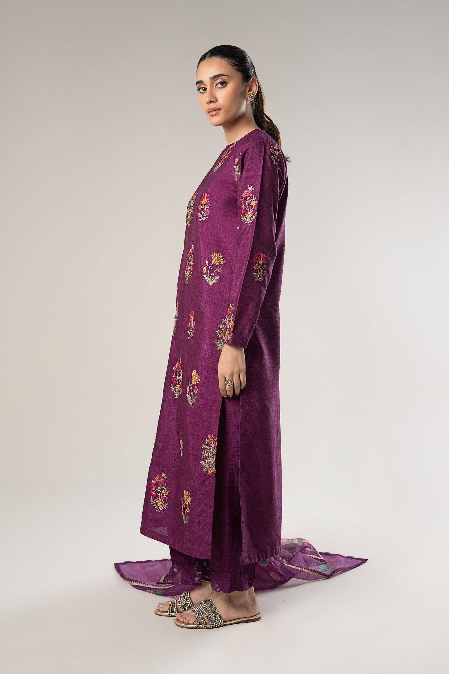 Maria B | Basics RTW | 3 Pc Embroidered Raw Silk Suit | MB-WF24-47 - Pakistani Designer Dress - by Maria B | Type: Ladies Clothes - 100% Original at Saira Sultan