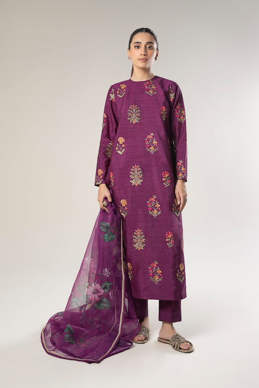 Maria B | Basics RTW | 3 Pc Embroidered Raw Silk Suit | MB-WF24-47 XS Magenta Silk
