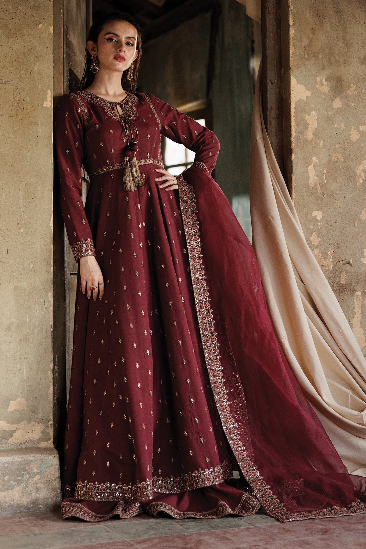 Charizma | Statement Dresses | CMA-4-088 L Maroon Raw Silk
