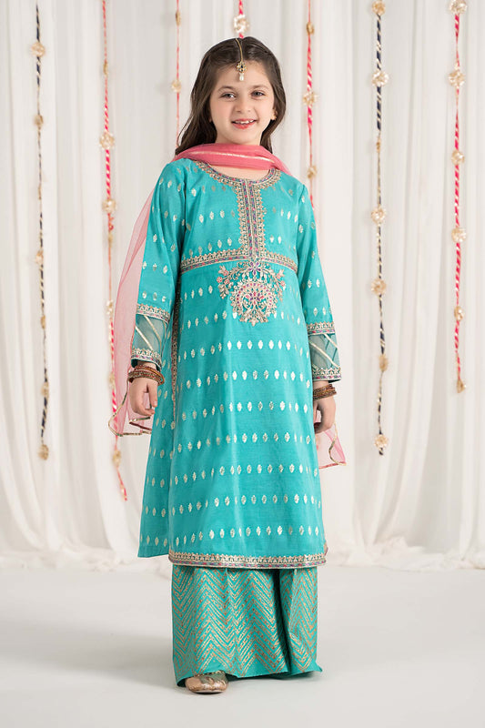 Maria B | 3 Piece Embroidered Raw Silk Suit | MKS-EF25-30 4-Feb Blue