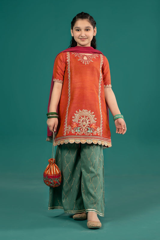 Maria B | 3 Piece Embroidered Raw Silk Suit | MKS-EF25-45 4-Feb Orange