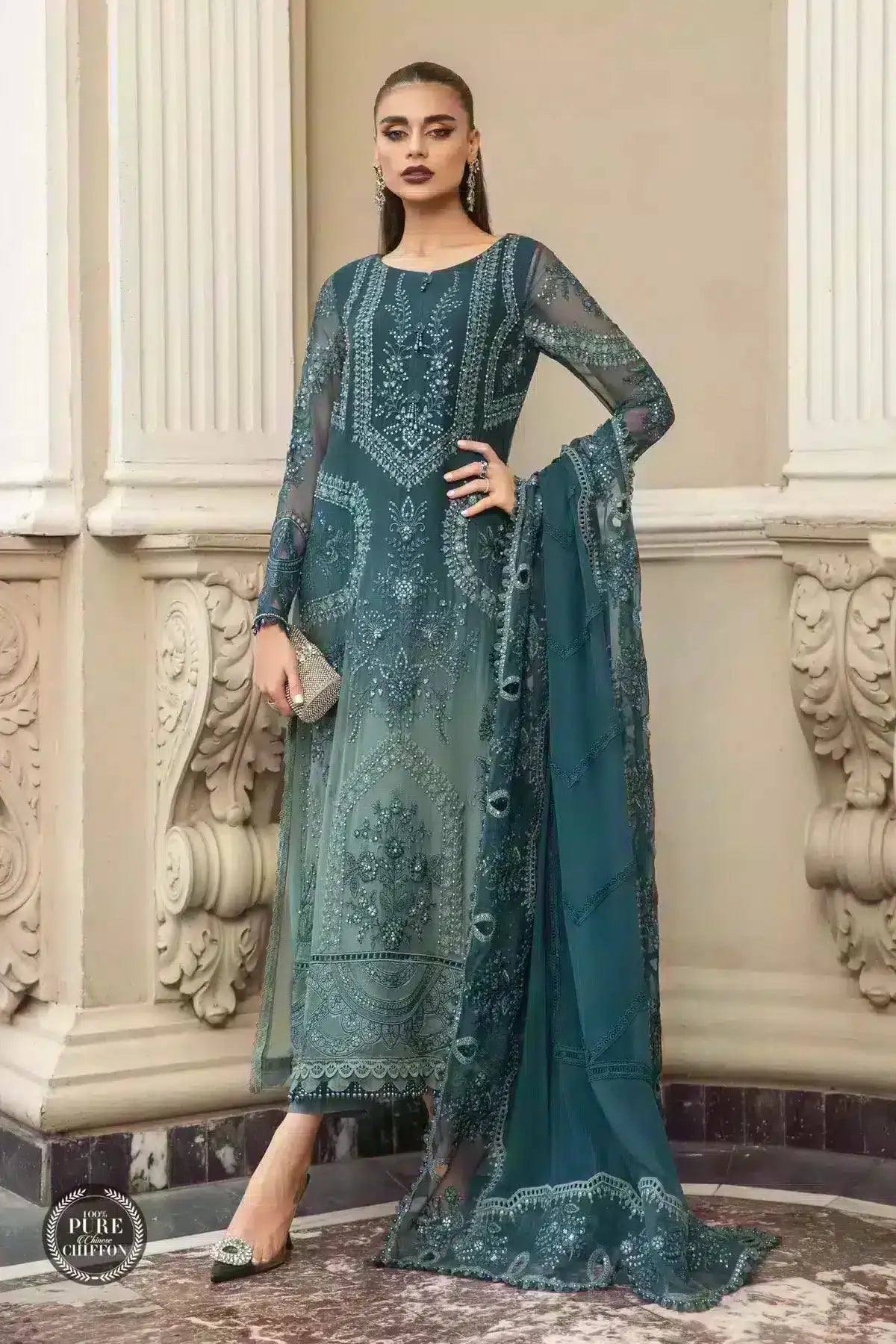 Maria B | Luxury Chiffon Collection | Teal Blue - Pakistani Designer Dress - by Maria B | Type: Formal - 100% Original at Saira Sultan