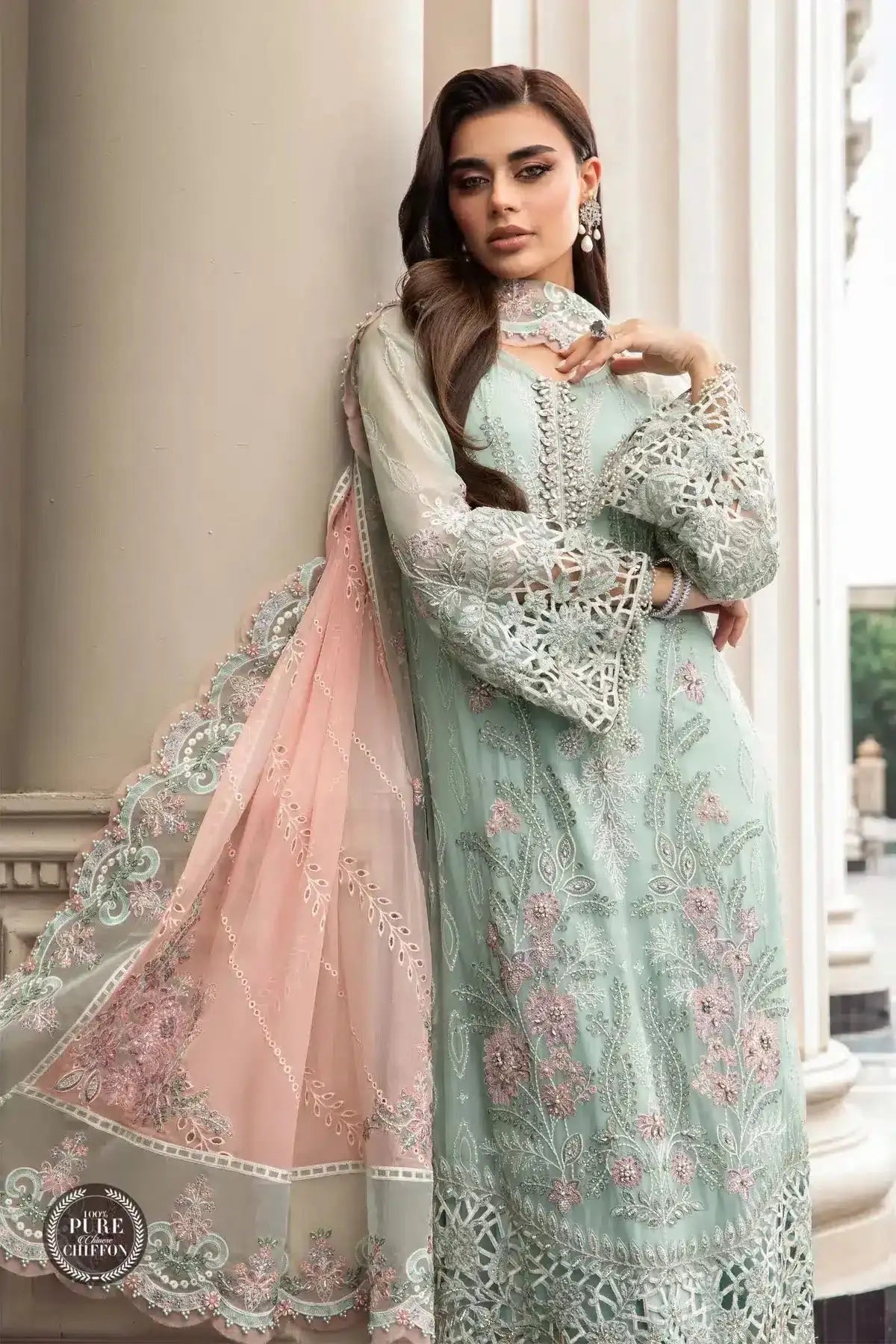 Maria B | Luxury Chiffon Collection | Mint Green - Pakistani Designer Dress - by Maria B | Type: Formal - 100% Original at Saira Sultan