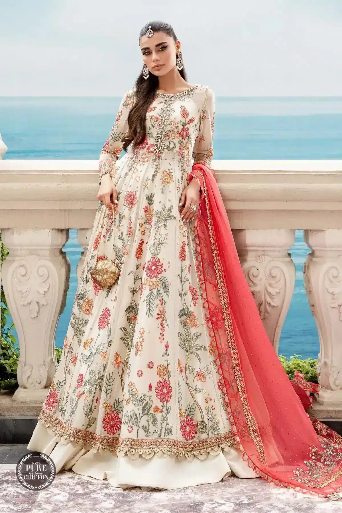 Maria B | Luxury Chiffon Collection | Cloud White Floral - Pakistani Designer Dress - by Maria B | Type: Formal - 100% Original at Saira Sultan