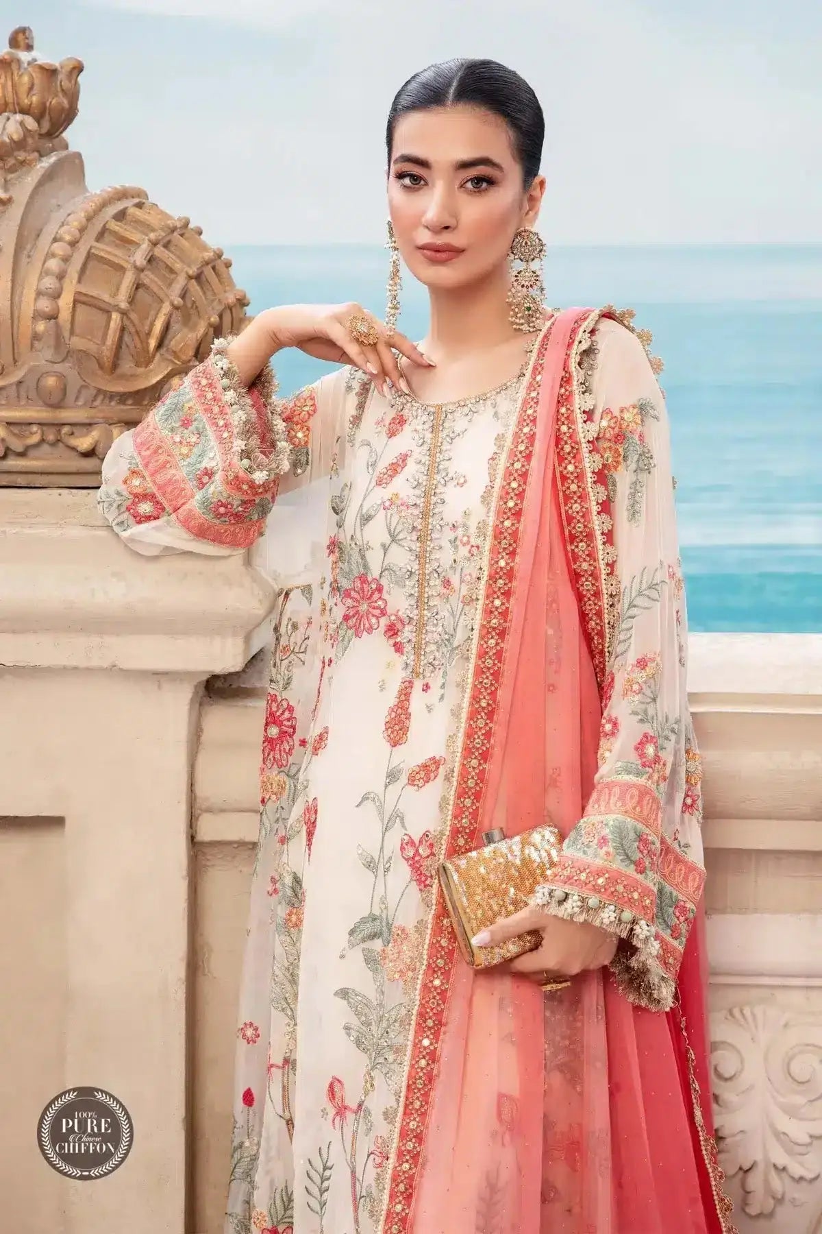 Maria B | Luxury Chiffon Collection | Cloud White Floral - Pakistani Designer Dress - by Maria B | Type: Formal - 100% Original at Saira Sultan