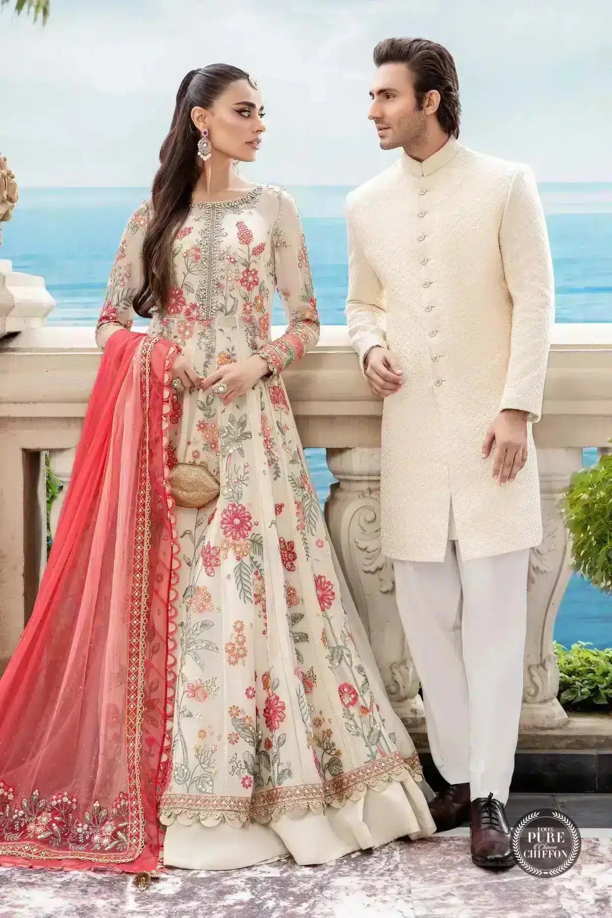 Maria B | Luxury Chiffon Collection | Cloud White Floral - Pakistani Designer Dress - by Maria B | Type: Formal - 100% Original at Saira Sultan