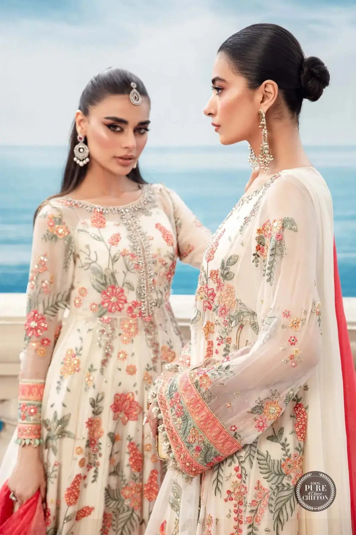 Maria B | Luxury Chiffon Collection | Cloud White Floral - Pakistani Designer Dress - by Maria B | Type: Formal - 100% Original at Saira Sultan