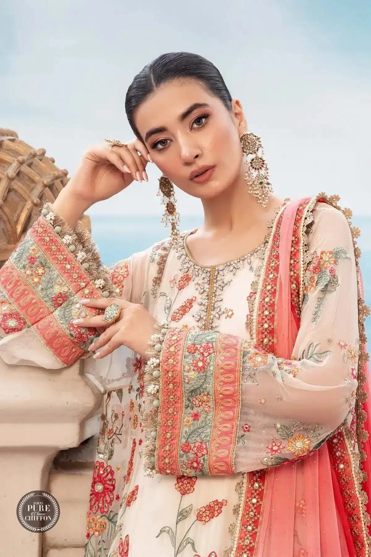 Maria B | Luxury Chiffon Collection | Cloud White Floral - Pakistani Designer Dress - by Maria B | Type: Formal - 100% Original at Saira Sultan