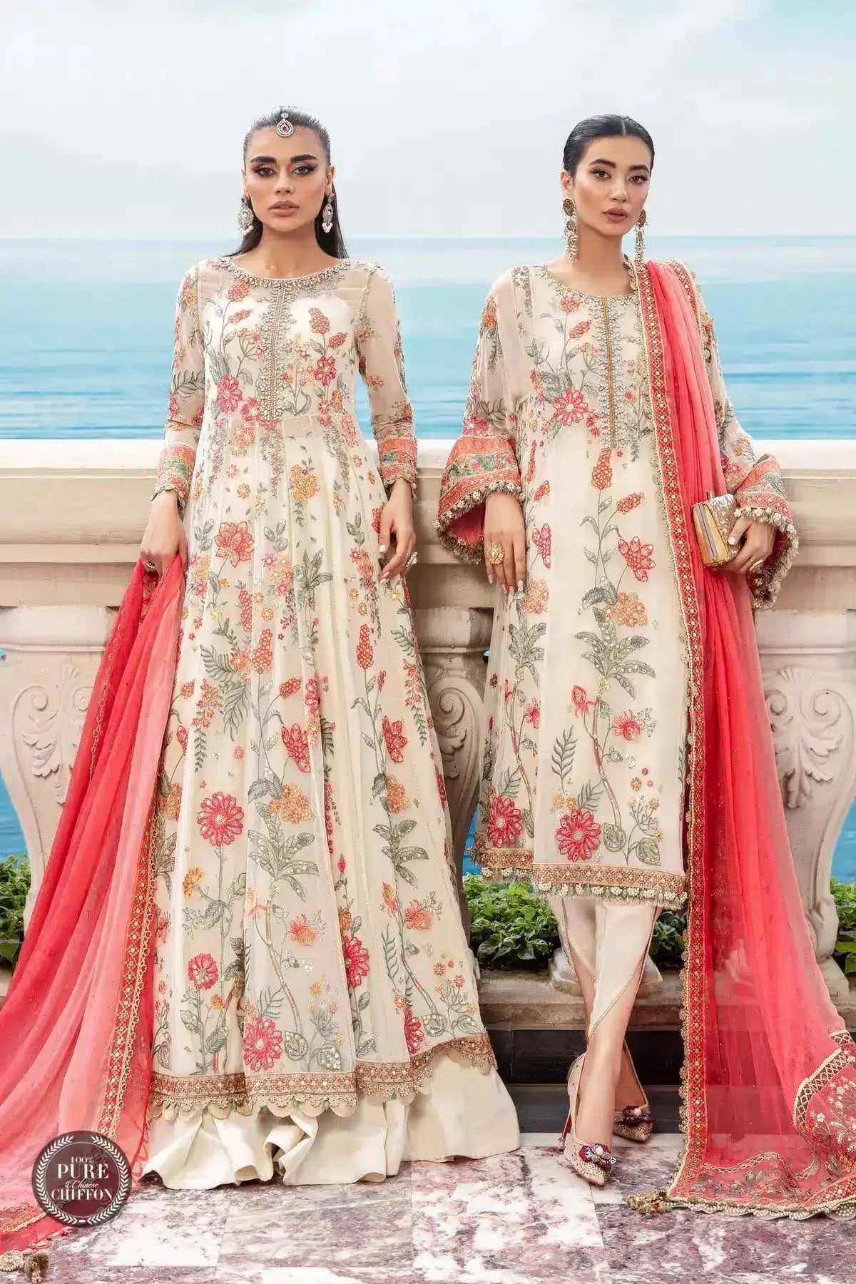 Maria B | Luxury Chiffon Collection | Cloud White Floral - Pakistani Designer Dress - by Maria B | Type: Formal - 100% Original at Saira Sultan