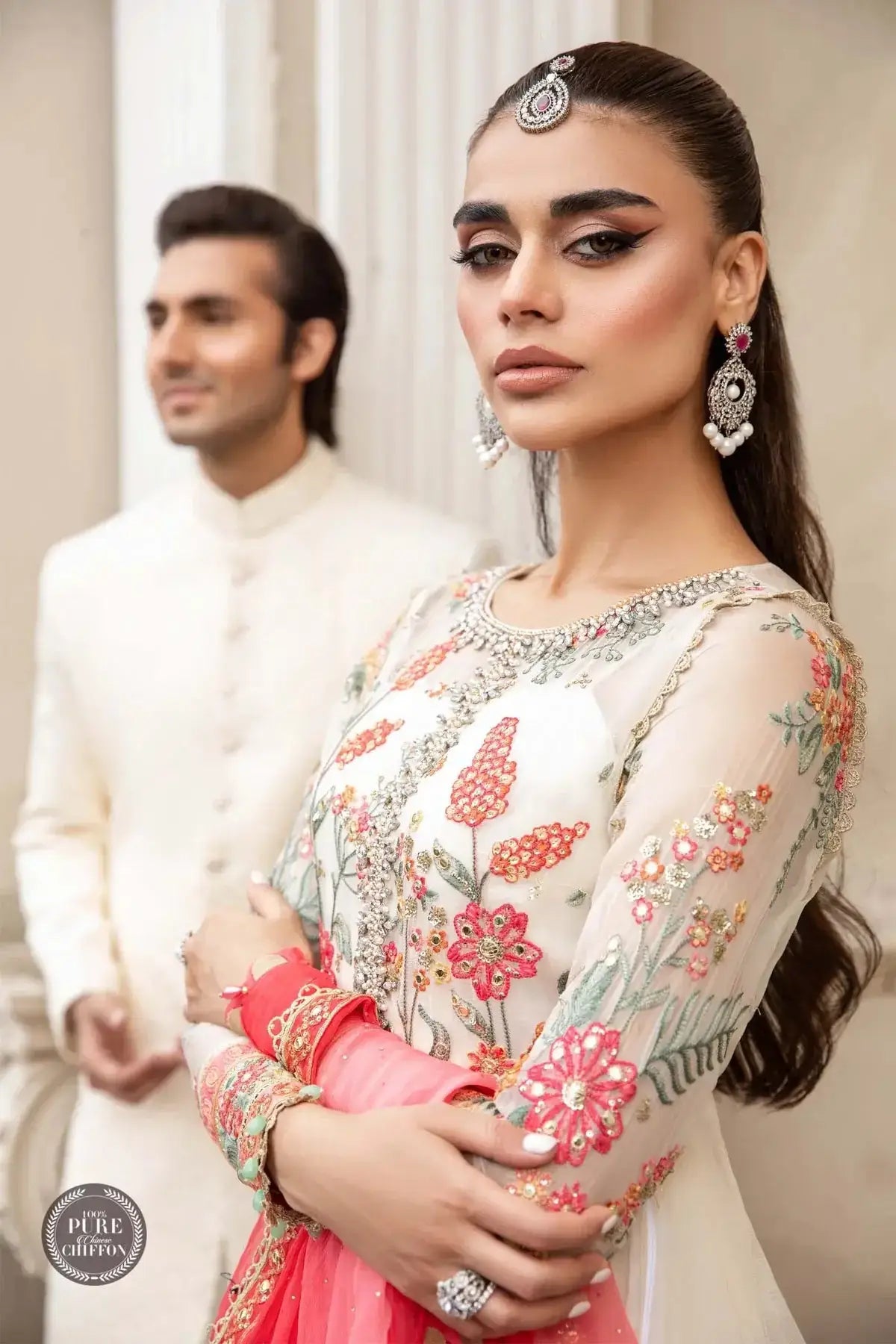 Maria B | Luxury Chiffon Collection | Cloud White Floral - Pakistani Designer Dress - by Maria B | Type: Formal - 100% Original at Saira Sultan