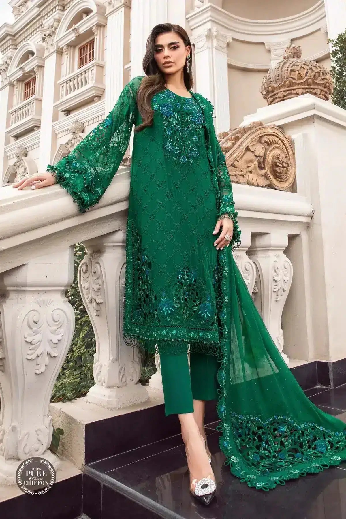 Maria B | Luxury Chiffon Collection | Emerald Green - Pakistani Designer Dress - by Maria B | Type: Formal - 100% Original at Saira Sultan