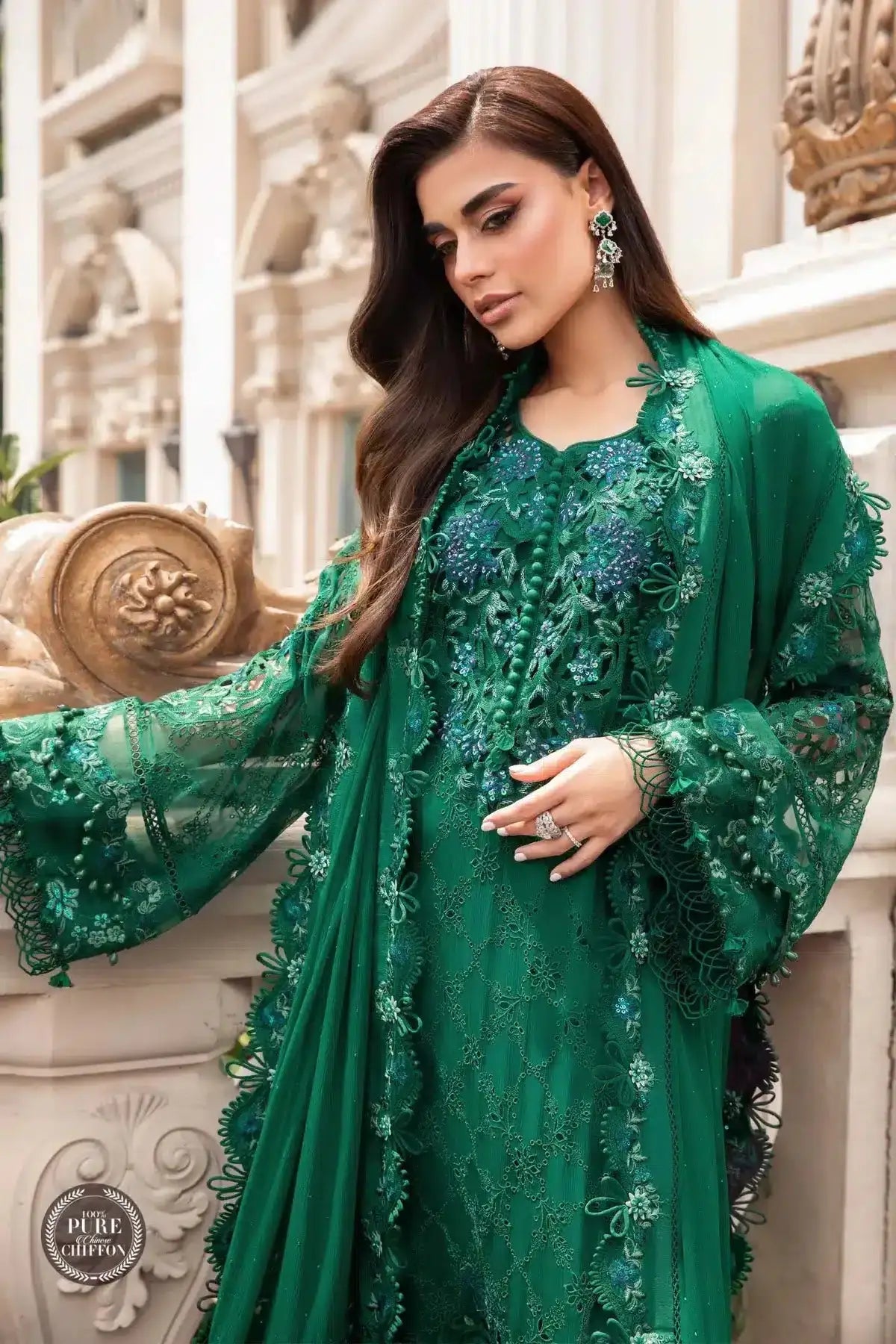 Maria B | Luxury Chiffon Collection | Emerald Green - Pakistani Designer Dress - by Maria B | Type: Formal - 100% Original at Saira Sultan