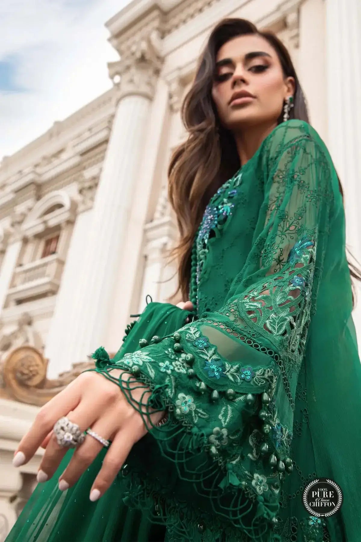 Maria B | Luxury Chiffon Collection | Emerald Green - Pakistani Designer Dress - by Maria B | Type: Formal - 100% Original at Saira Sultan