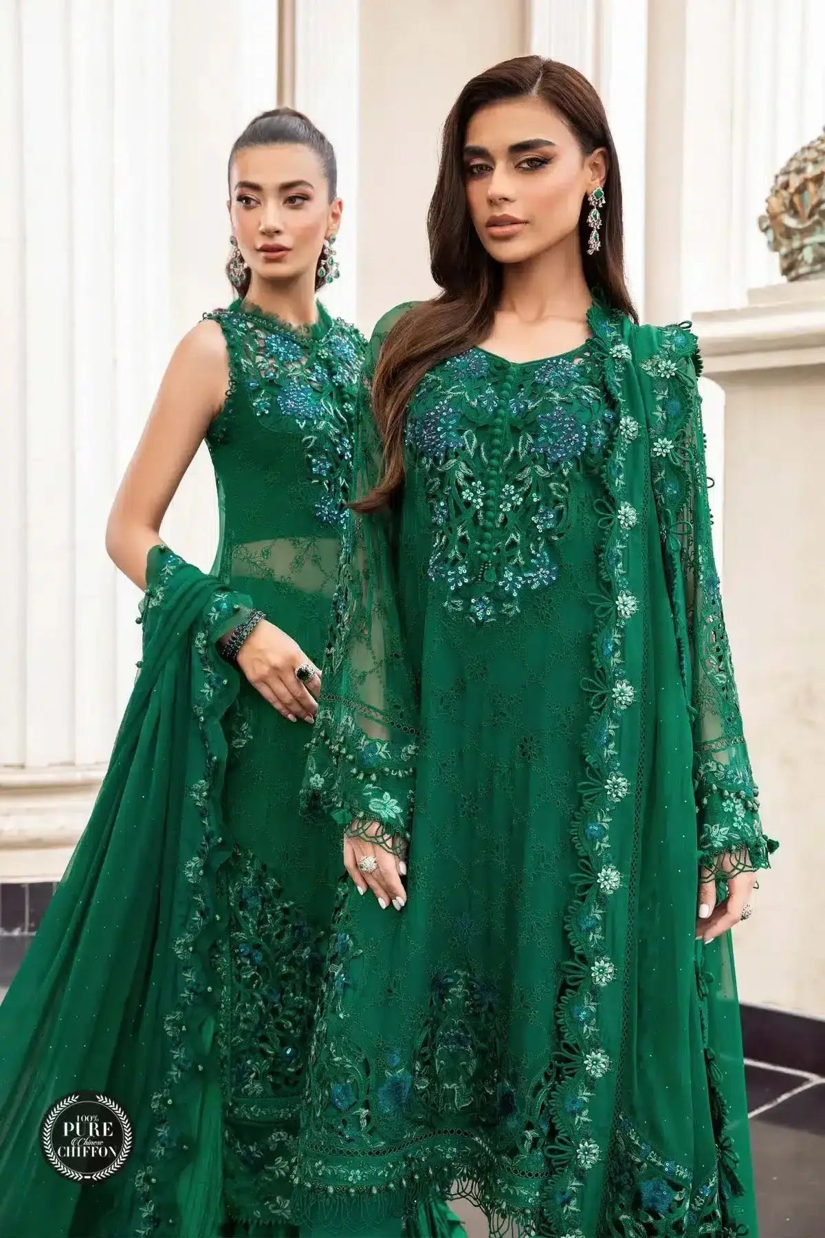 Maria B | Luxury Chiffon Collection | Emerald Green - Pakistani Designer Dress - by Maria B | Type: Formal - 100% Original at Saira Sultan