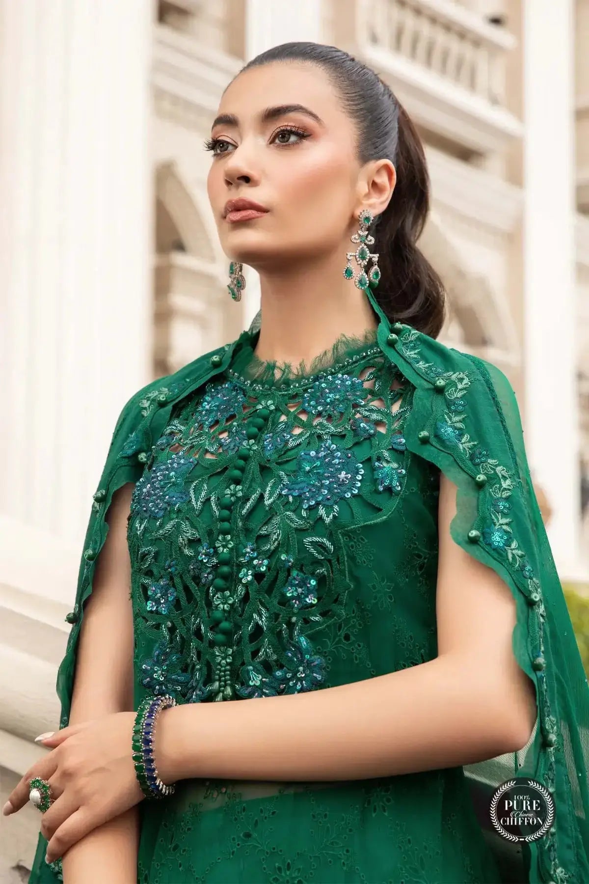 Maria B | Luxury Chiffon Collection | Emerald Green - Pakistani Designer Dress - by Maria B | Type: Formal - 100% Original at Saira Sultan