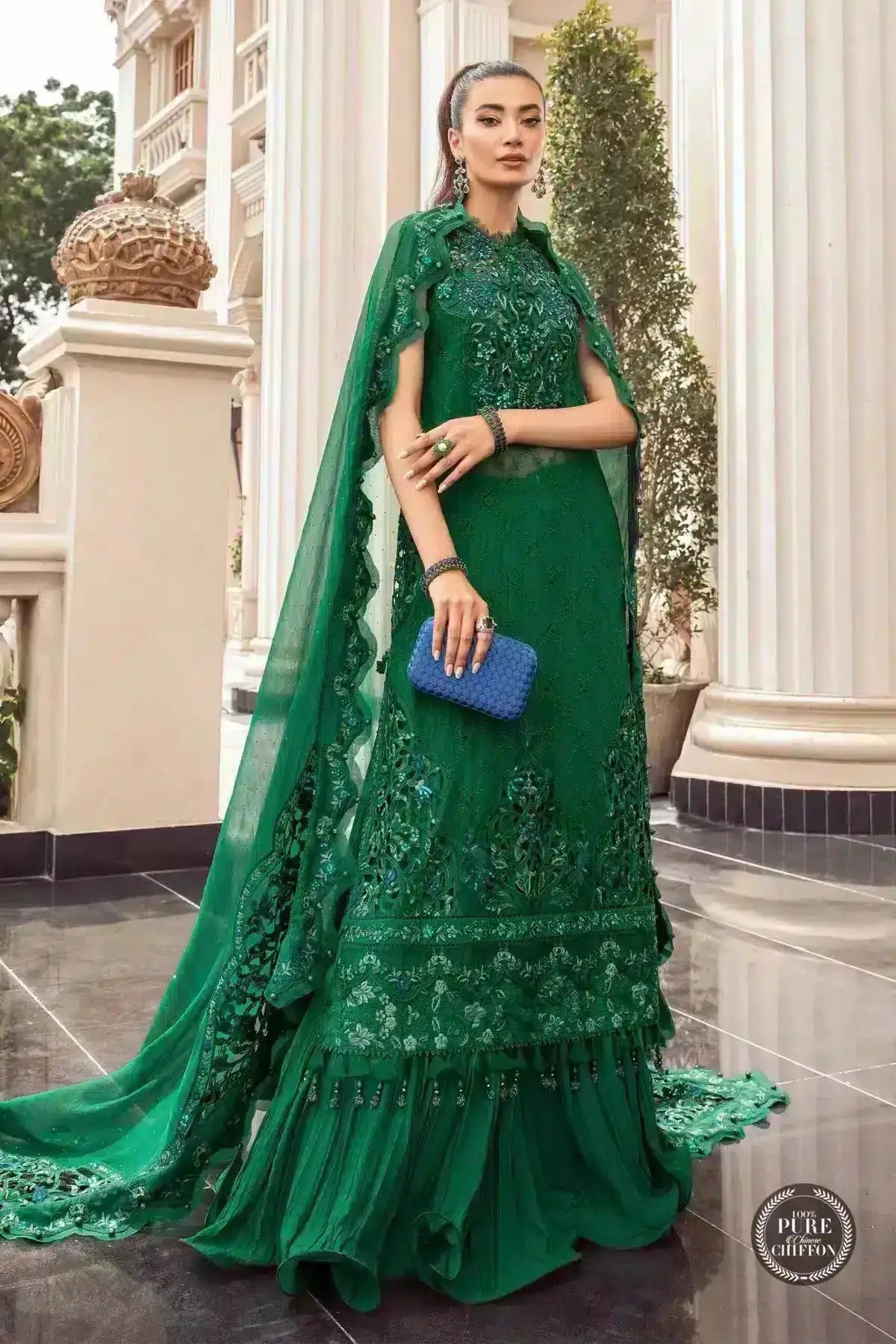Maria B | Luxury Chiffon Collection | Emerald Green - Pakistani Designer Dress - by Maria B | Type: Formal - 100% Original at Saira Sultan